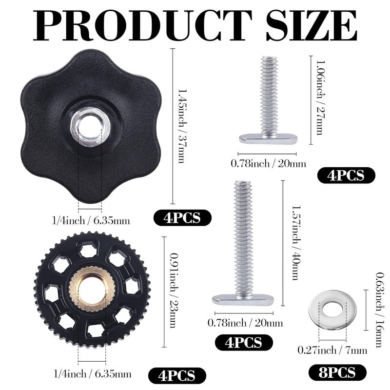 Happara 8 Pack T-Track Knob Kit, 4 Star Knob, 1/4-20 Threaded Bolts and Washers, Track Accessories for Woodworking Jigs and Fixtures - Image 3